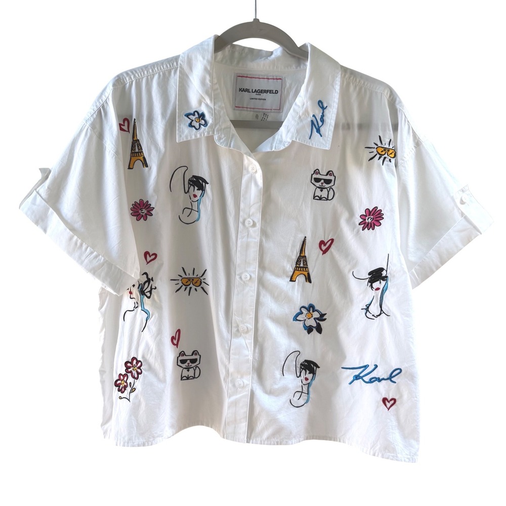 Karl Lagerfeld Paris Ltd Edition White Embroidered Cotton‎ Button Down Shirt XL